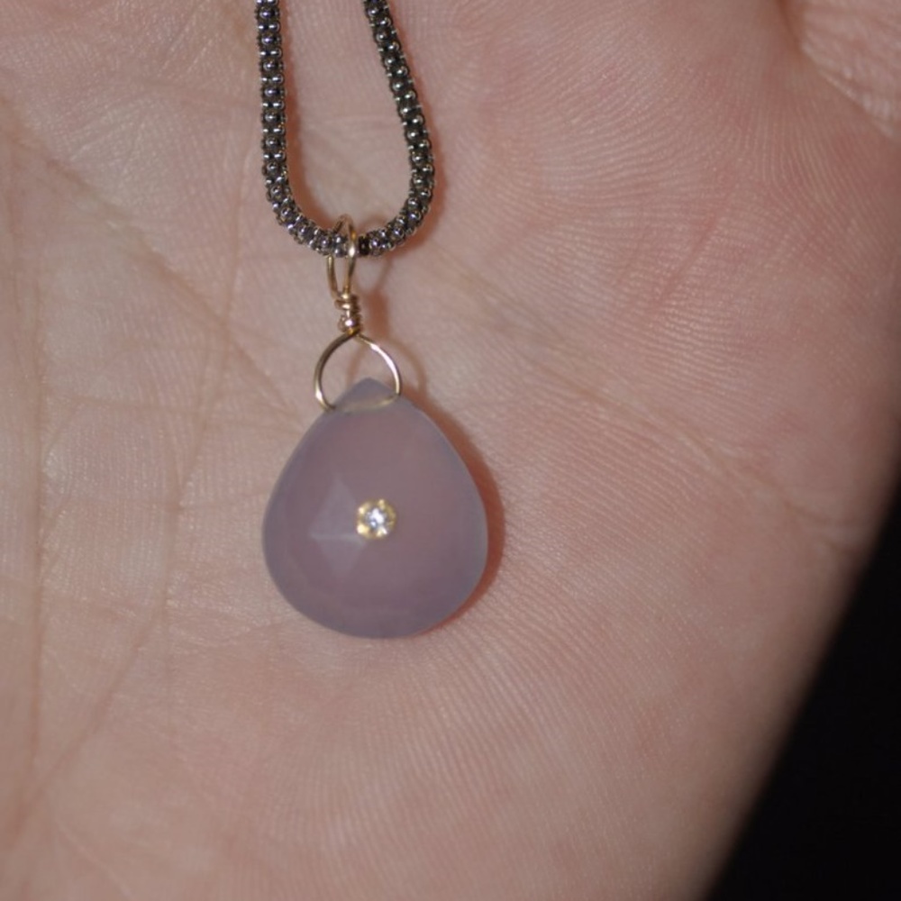Blue chalcedony pendant with Diamond on SS Chain